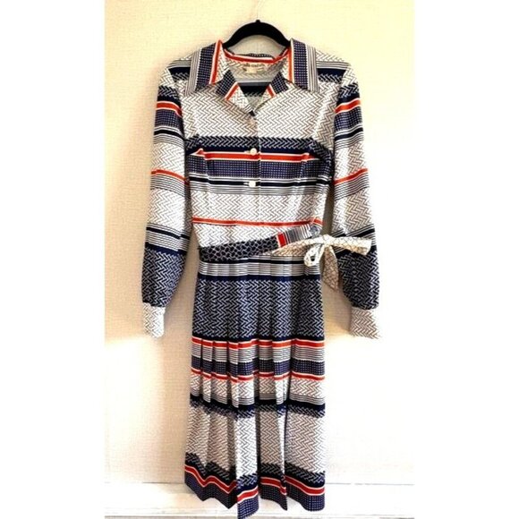 Vintage Alta Costura Long-Sleeve Striped Pattern Collared Midi Dress With Belt - Picture 1 of 10